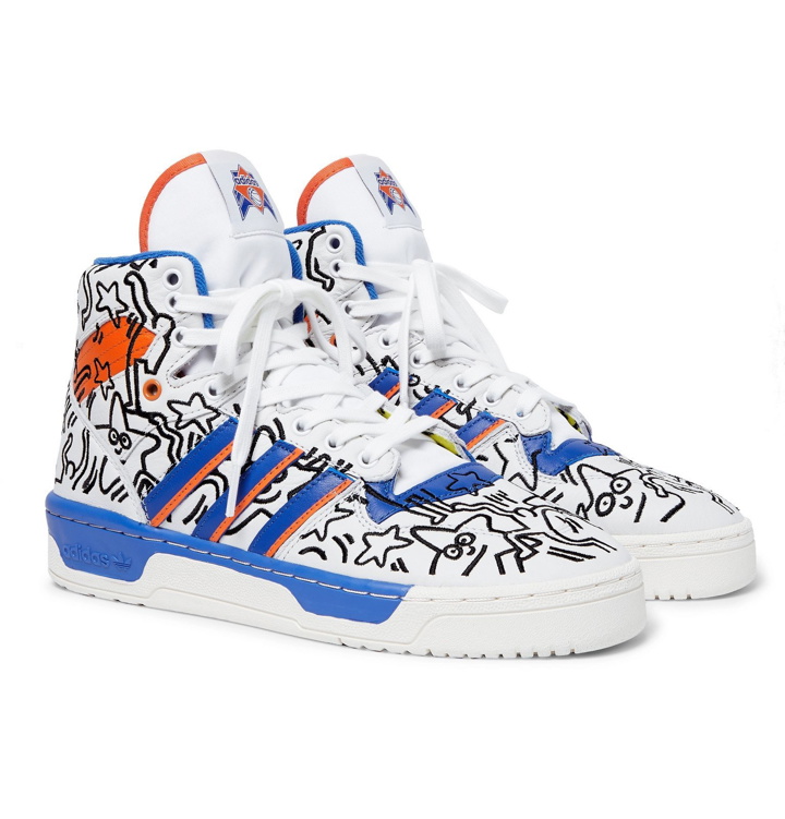 Photo: adidas Originals - Keith Haring Rivalry Embroidered Leather High-Top Sneakers - White