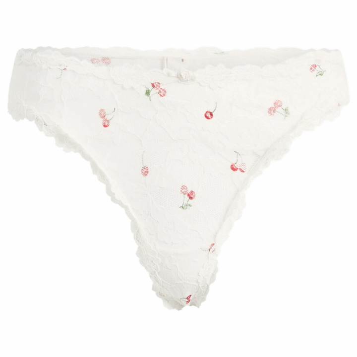 Photo: SKIMS Women's Stretch Lace Dipped Thong in Ivory Cherry Print