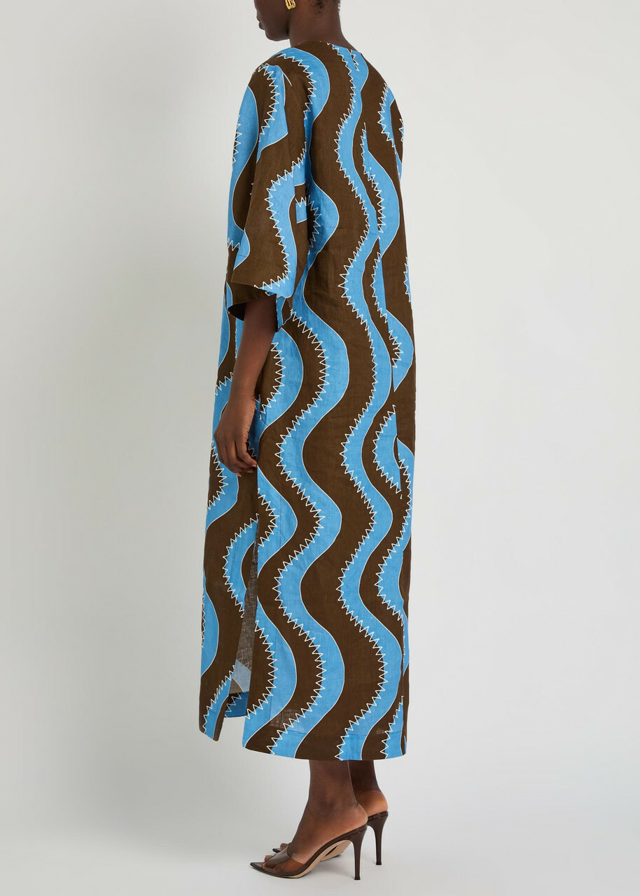Alemais Frankie Wavy-print Linen Midi Dress Blue