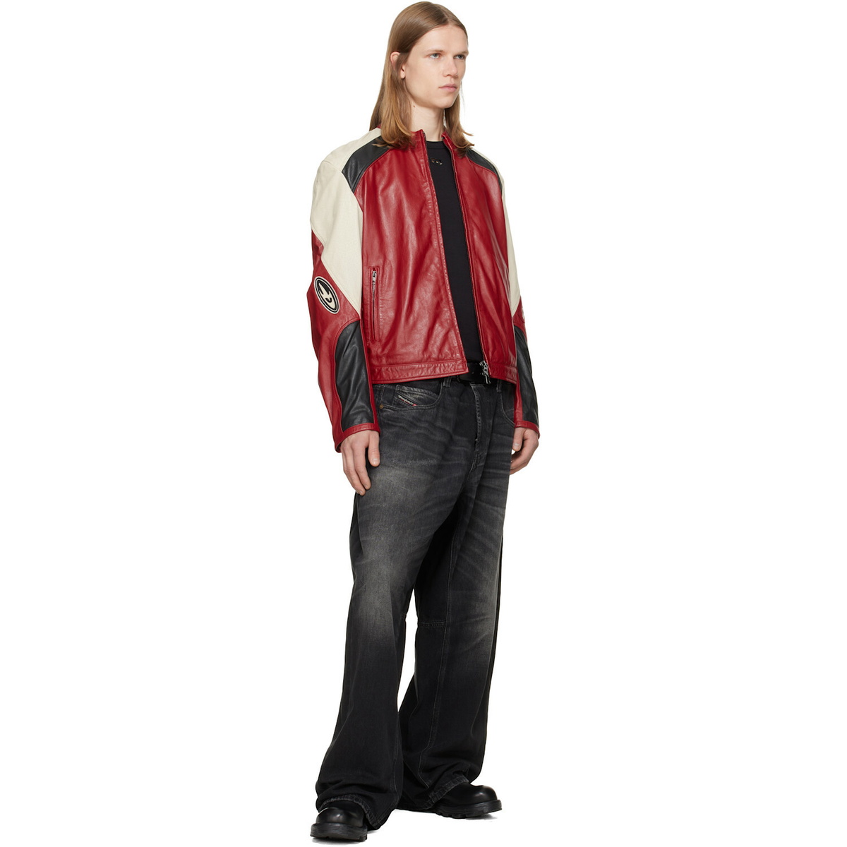 Diesel Red Colour-Block Perforated Leather Biker Jacket