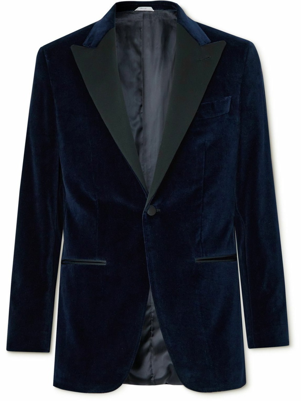 Photo: Thom Sweeney - Satin-Trimmed Cotton and Modal-Blend Velvet Tuxedo Jacket - Blue