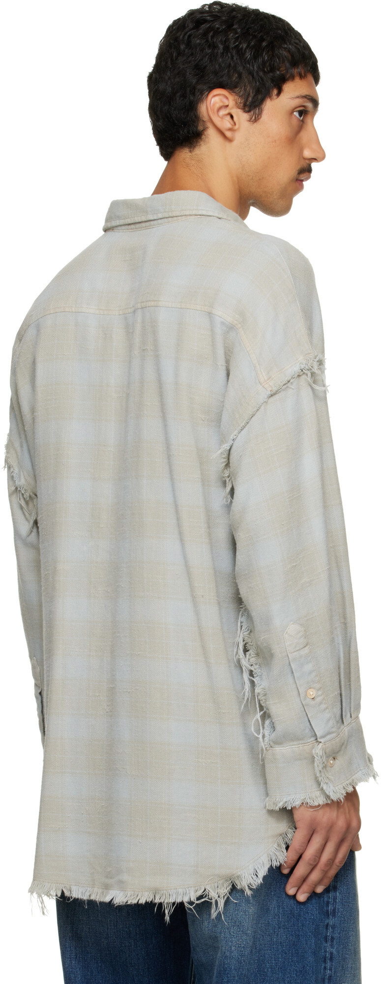 R13 Blue & Gray Shredded Seam Drop Neck Shirt
