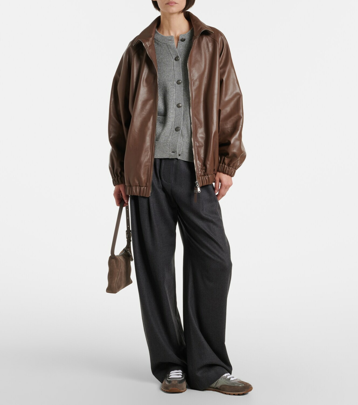 Brunello Cucinelli Monili suede-trimmed metallic leather sneakers