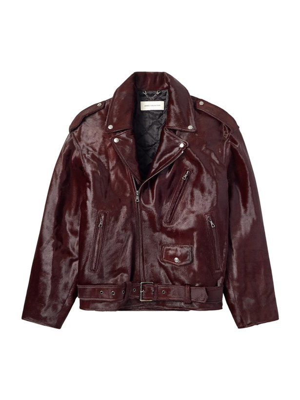 Photo: Dries Van Noten - Belted Calf Hair Biker Jacket - Burgundy