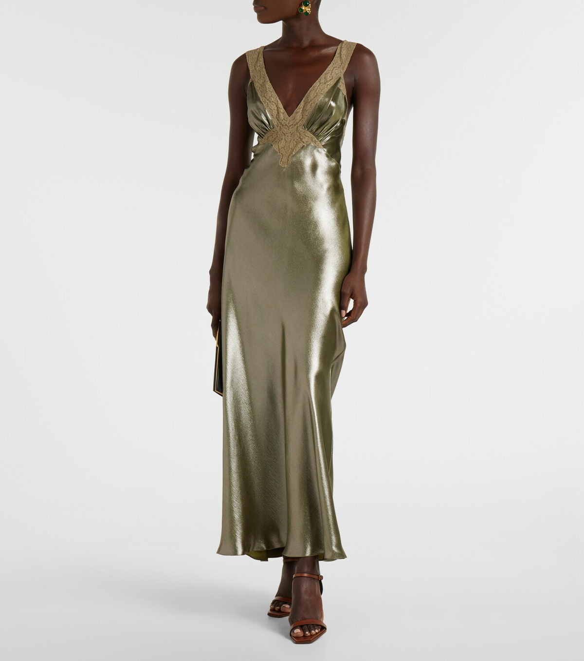 Saint Laurent Lace-trimmed silk charmeuse slip dress