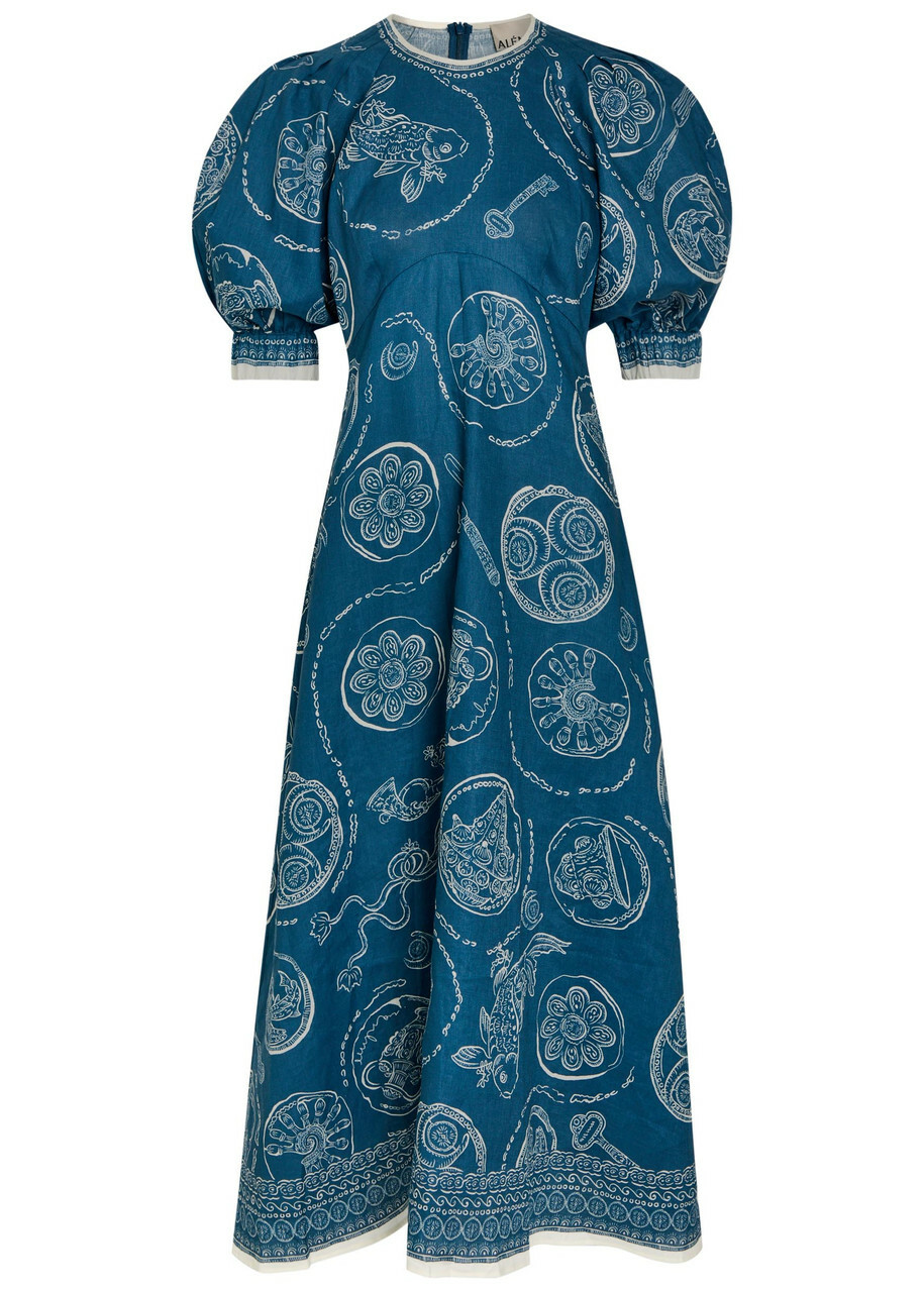 Alemais Lucky Printed Linen Midi Dress Blue