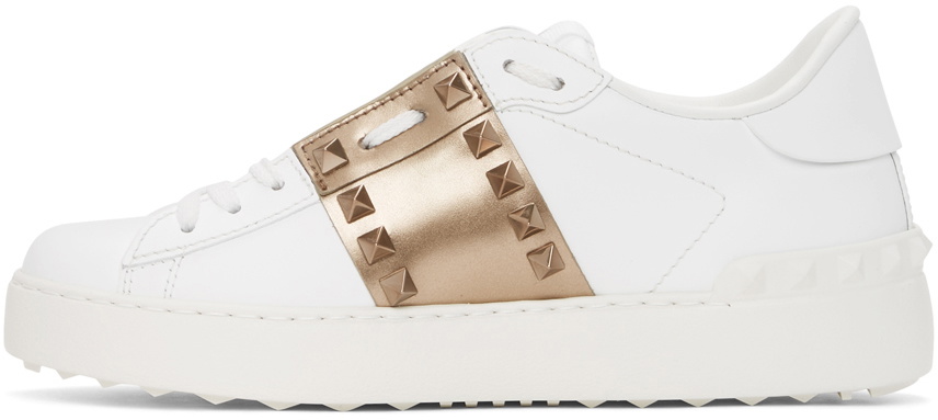 Valentino Garavani White & Bronze Rockstud Open Sneakers