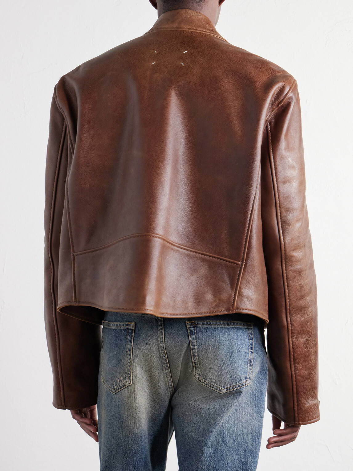 Maison Margiela - Cropped Distressed Full-Grain Leather Biker Jacket - Brown