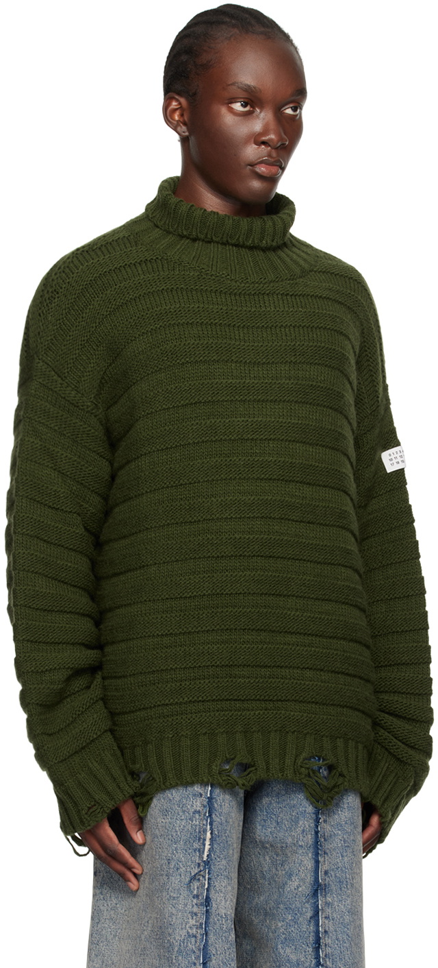MM6 Maison Margiela Green Distressed Turtleneck MM6 Maison Margiela