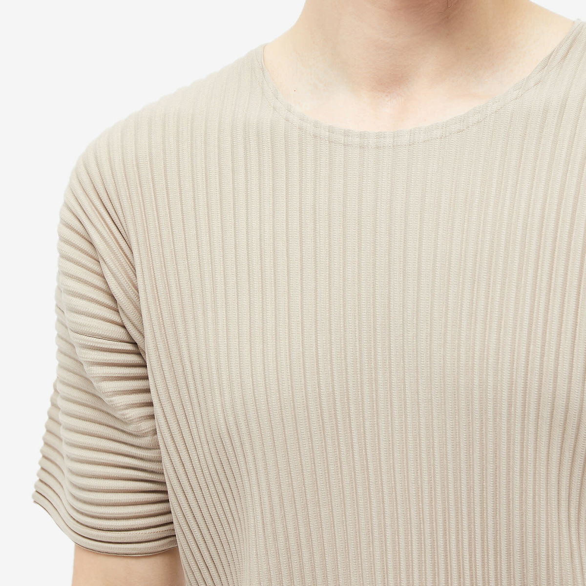 Homme Pliss Issey Miyake Men s Pleated T Shirt in Sand Beige