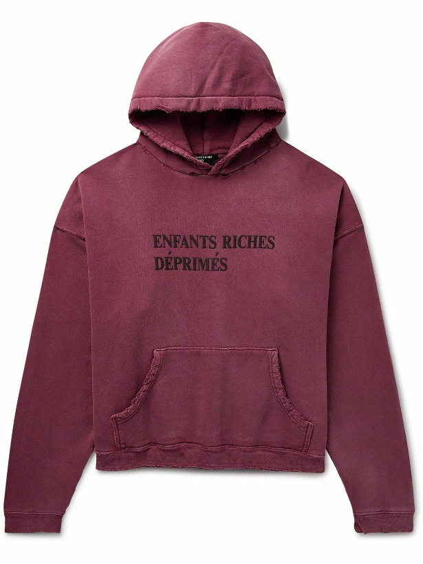 Photo: Enfants Riches Déprimés - Thrashed Distressed Logo-Print Cotton-Jersey Hoodie - Burgundy