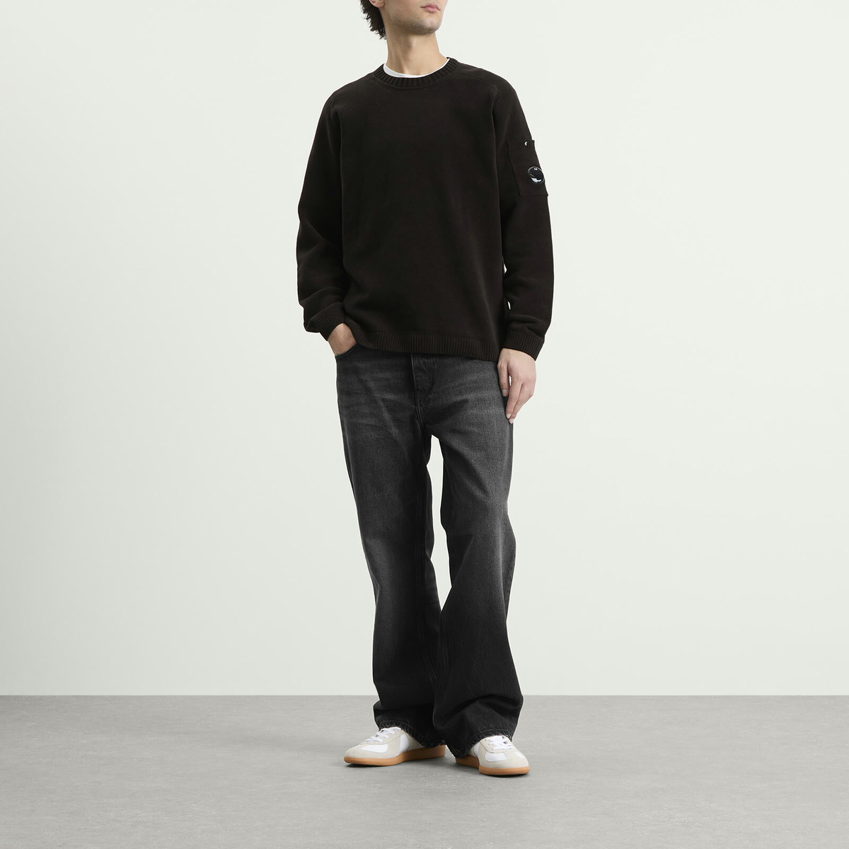 C.P. Company Men's Cotton Chenille Crewneck Lens Sweater in Black