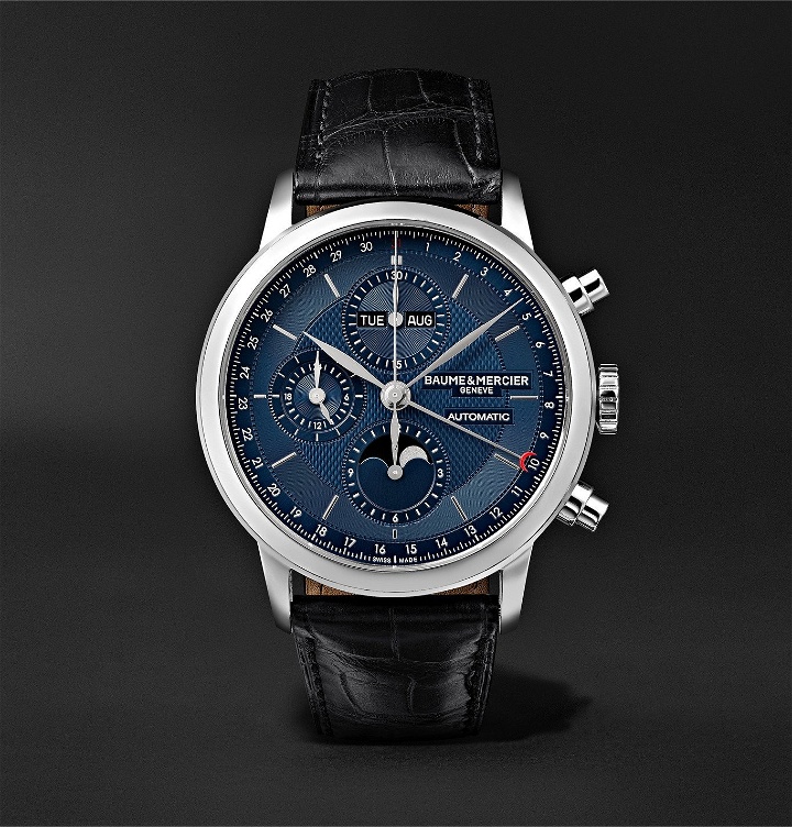 Photo: Baume & Mercier - Classima Automatic Moon-Phase Calendar Chronograph 42mm Stainless Steel and Alligator Watch, Ref. No. M0A10484 - Blue