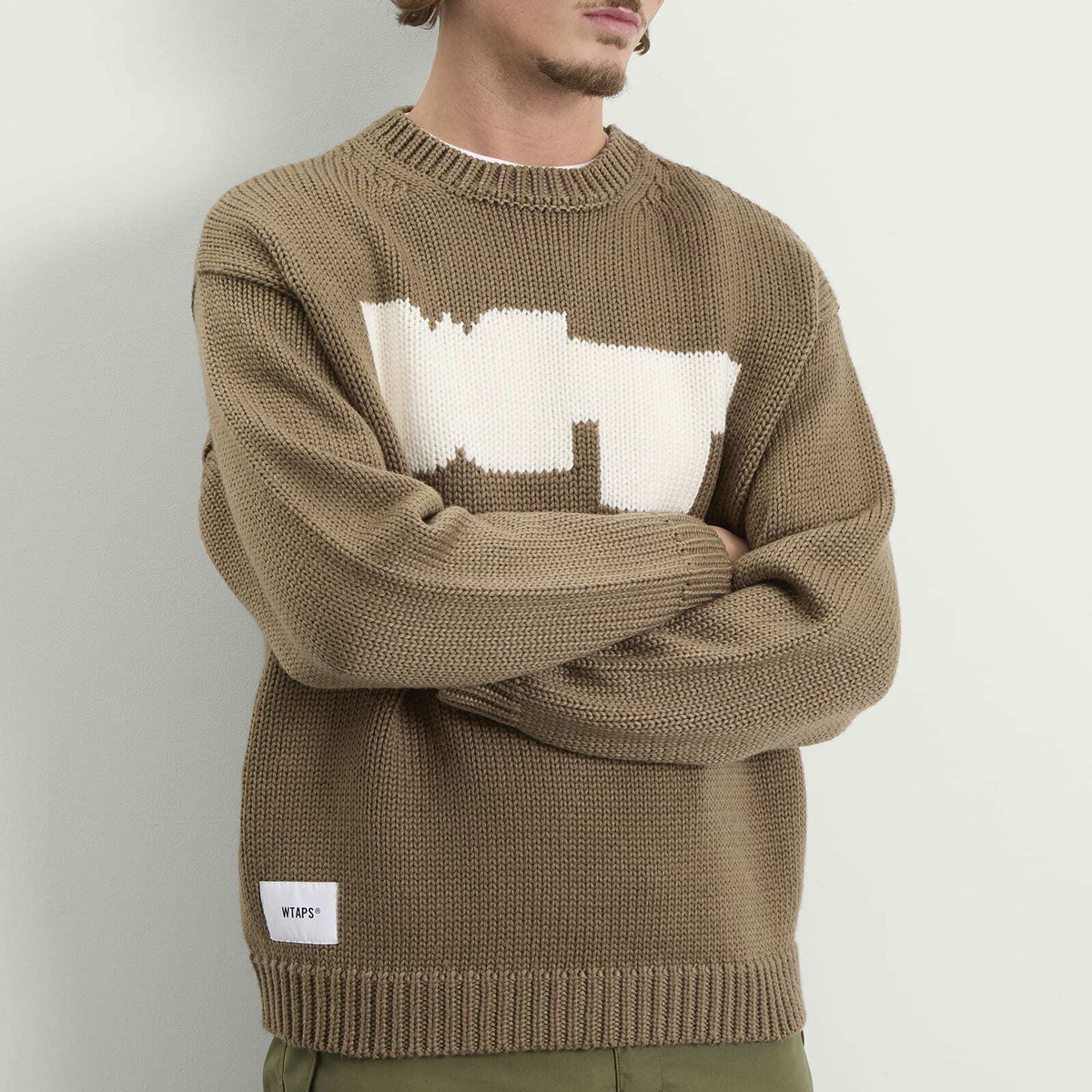 WTAPS Men's Intarsia Knit Sweater in Greige