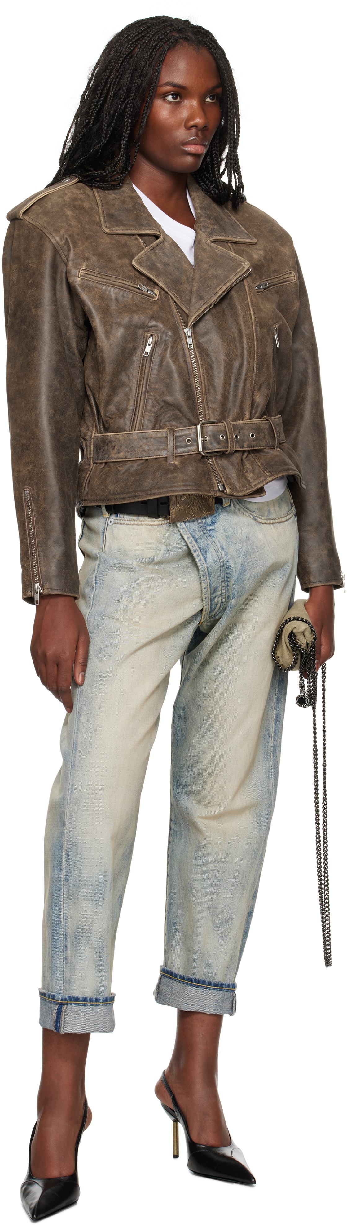 R13 Brown Exaggerated Shoulder Motorcycle Leather Jacket