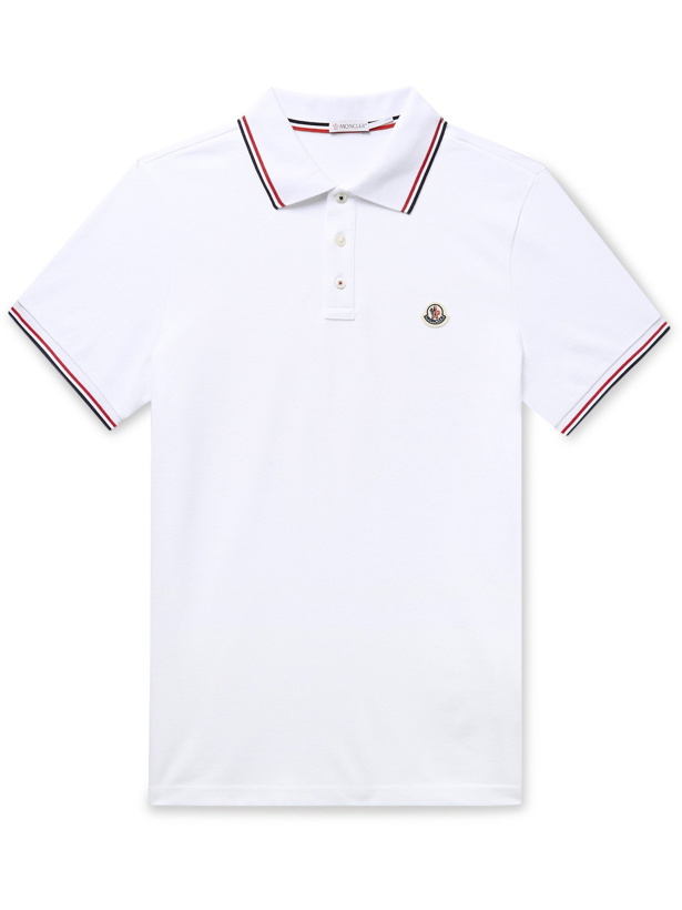 Photo: MONCLER - Slim-Fit Contrast-Tipped Logo-Appliquéd Cotton-Piqué Polo Shirt - White