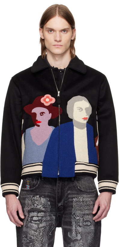 Photo: KidSuper Black Patchwork Portraits Wool Varsity Jacket