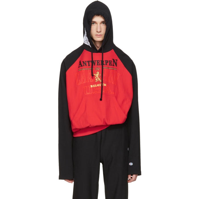 Photo: Vetements Red and Black Champion Edition Antwerpen Hoodie