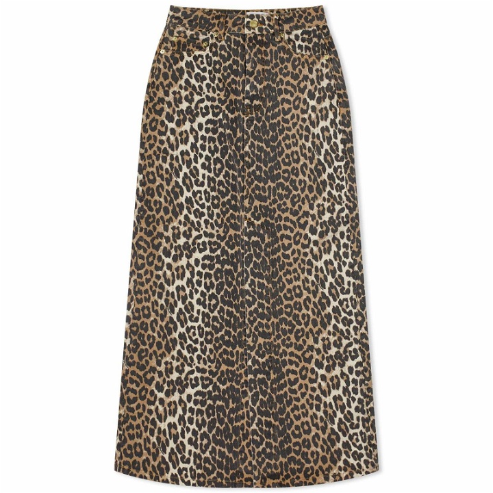 Photo: GANNI Women's Print Denim Maxi Slit Skirt in Leopard
