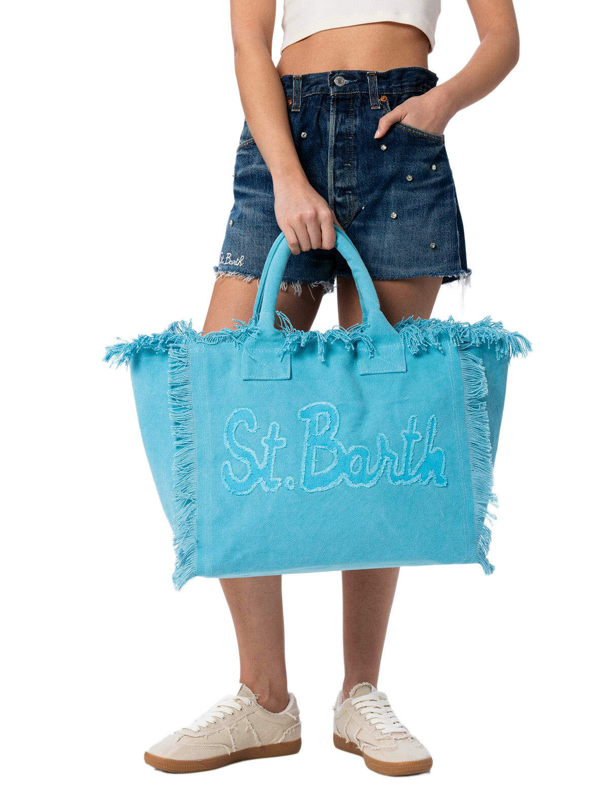 MC2 Saint Barth Light Blue Cotton Canvas Vanity Tote Bag With Logo Patch