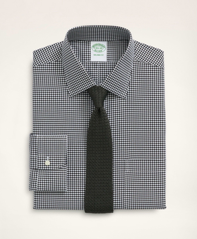 Photo: Brooks Brothers Men's Stretch Milano Slim-Fit Dress Shirt, Non-Iron Herringbone Gingham Ainsley Collar | Black