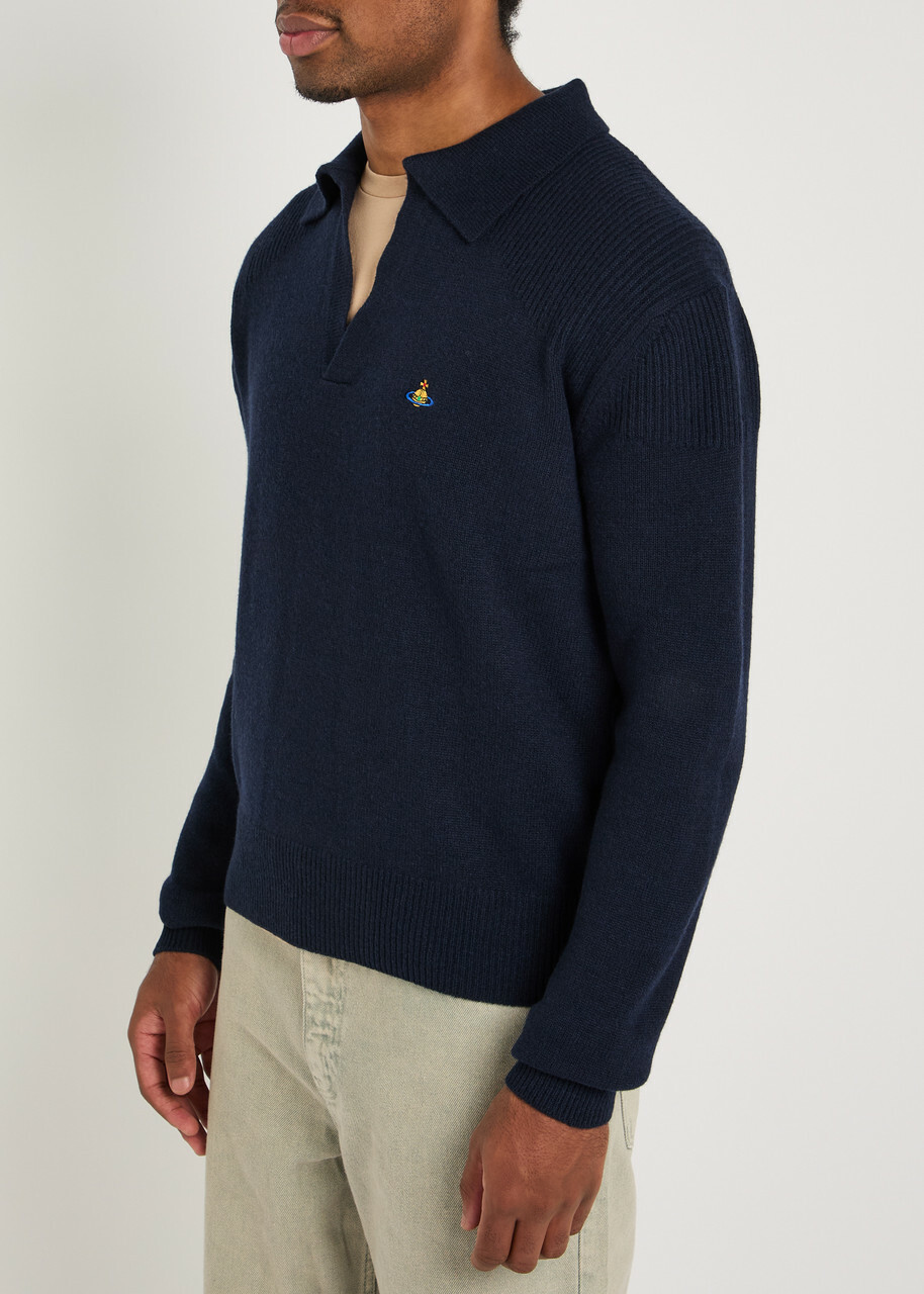 Vivienne Westwood Logo-embroidered Wool and Cashmere-blend Polo Jumper Navy