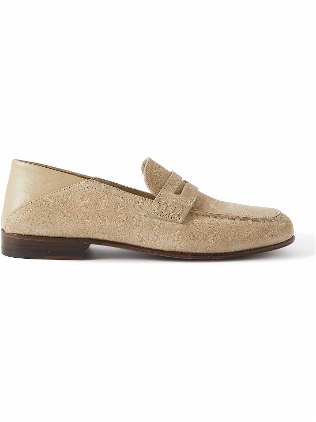 Photo: Manolo Blahnik - Plymouth Collapsible-Heel Suede and Leather Penny Loafers - Neutrals