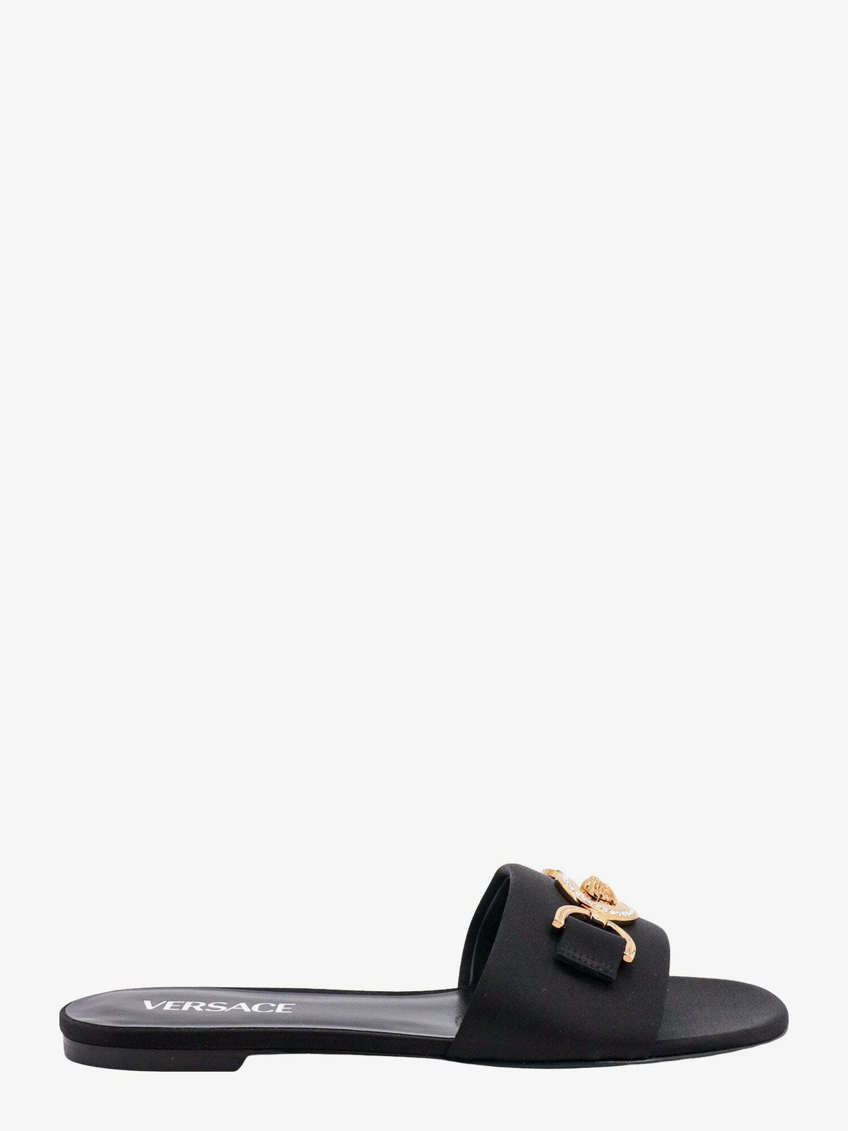 【関税＆送料込み】Versace Versace Black Sandal Versace Black Leather Logo Plaque Slip On Slides Flats