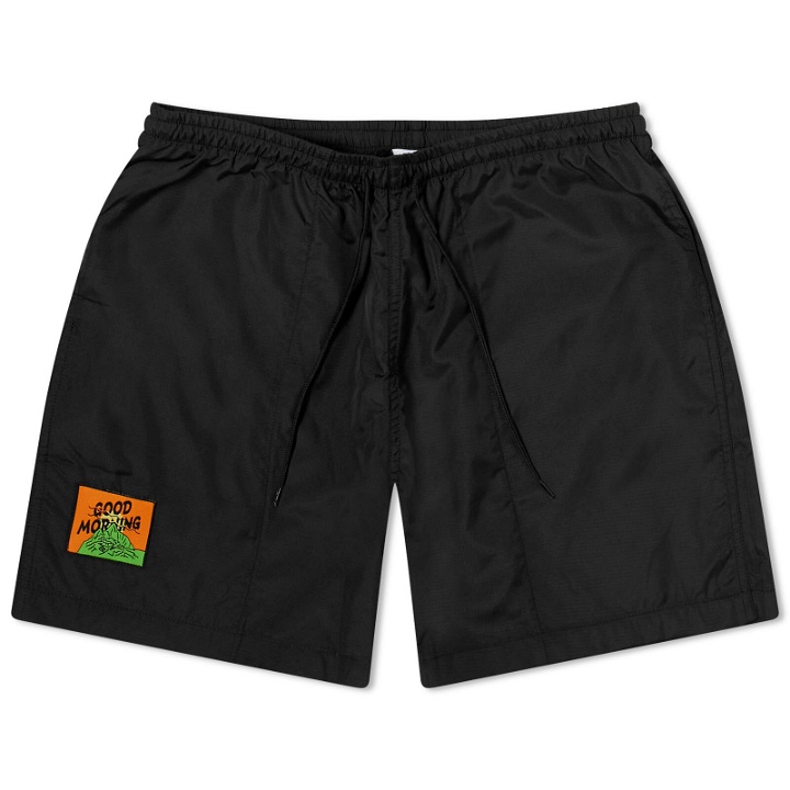 Photo: Good Morning Tapes Men's Mountain Logo Swim Shorts in Black