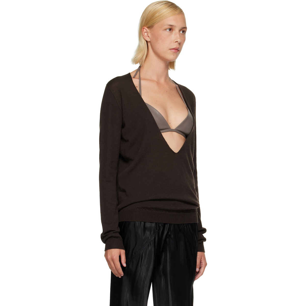 Rick Owens Brown Tower Extreme V-Neck Sweater