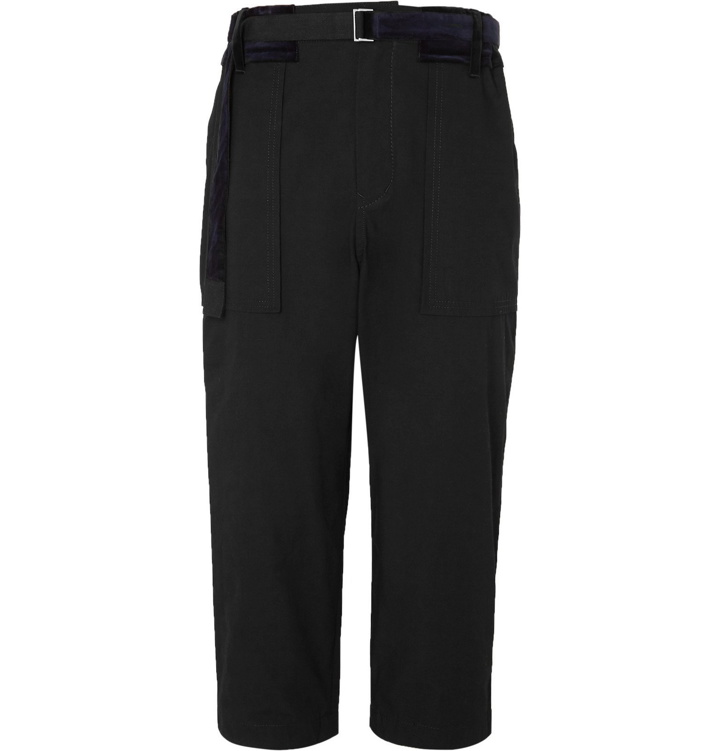 Photo: Sacai - Black Cropped Tapered Velvet-Trimmed Cotton-Blend Trousers - Black