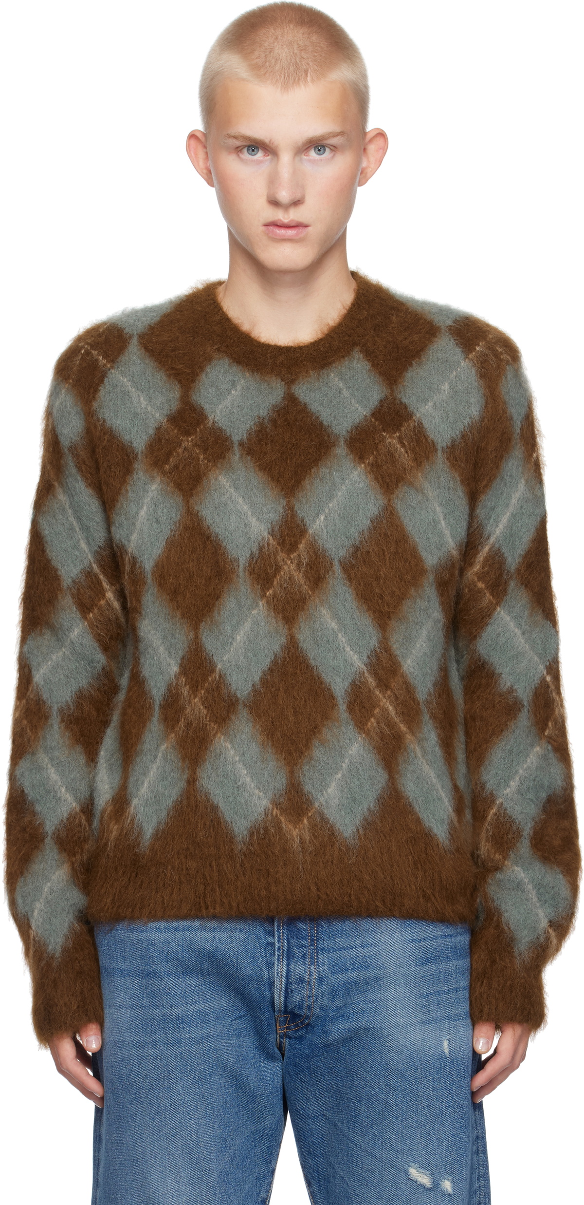 AMI Paris Blue & Brown Alpaca Mohair Brushed Argyle Sweater