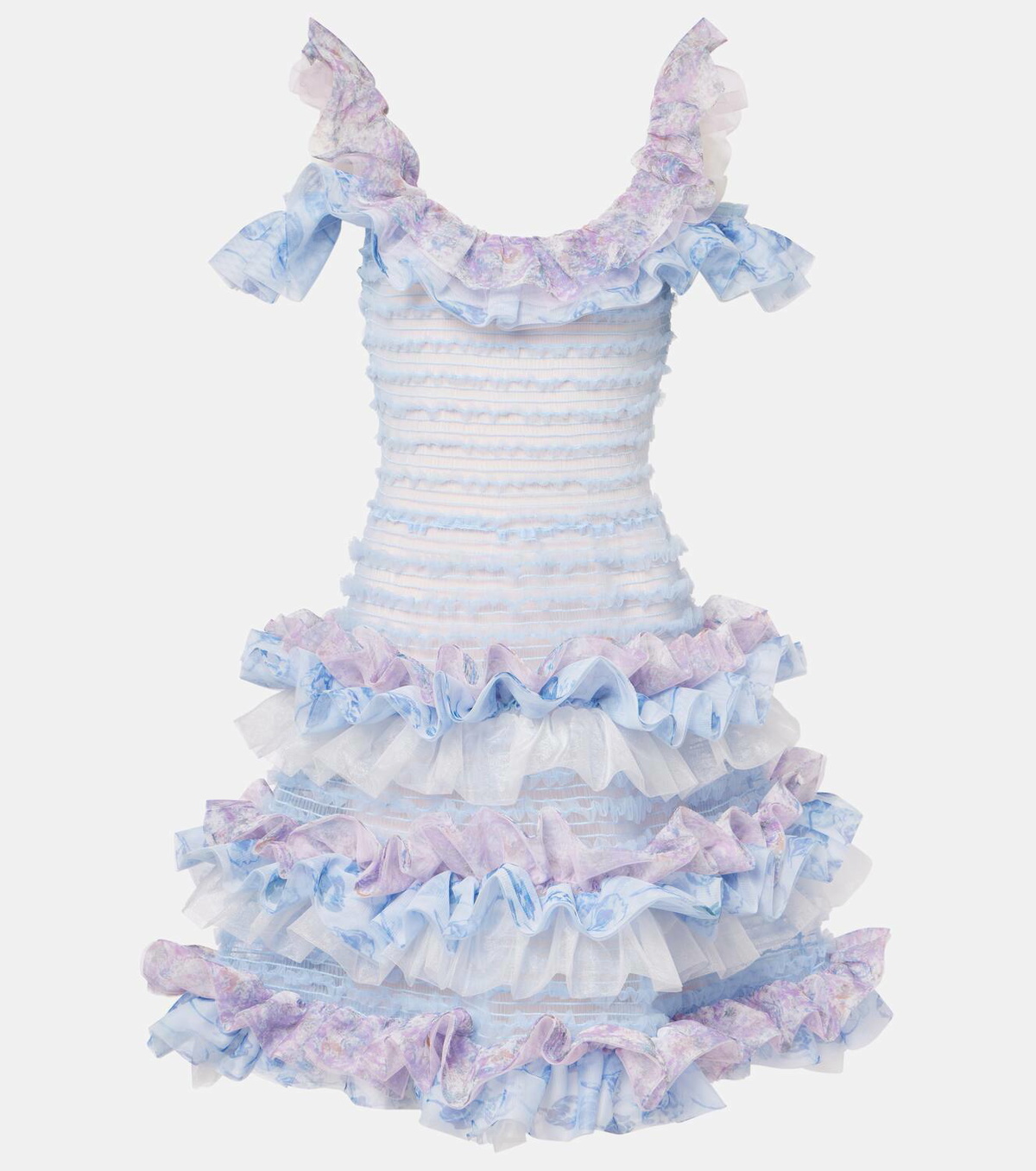 Susan Fang Printed smocked ruffled minidress