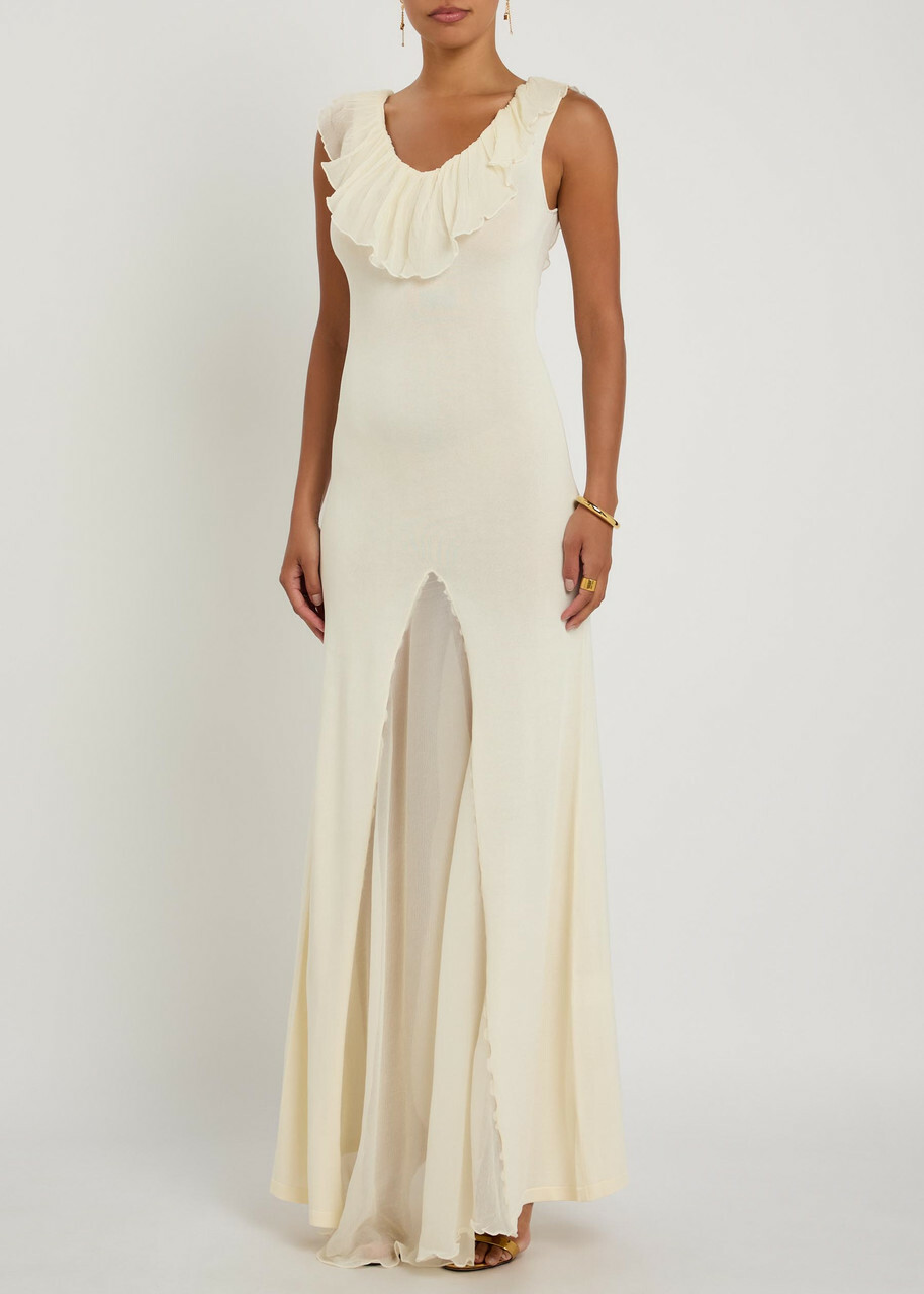 Aya Muse Rowan Ruffled Fine-knit Maxi Dress White