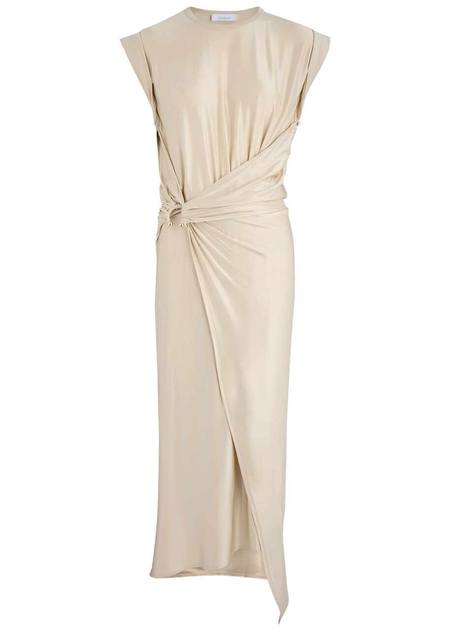 Rabanne Asymmetric Satin-jersey Midi Dress Nude Paco Rabanne