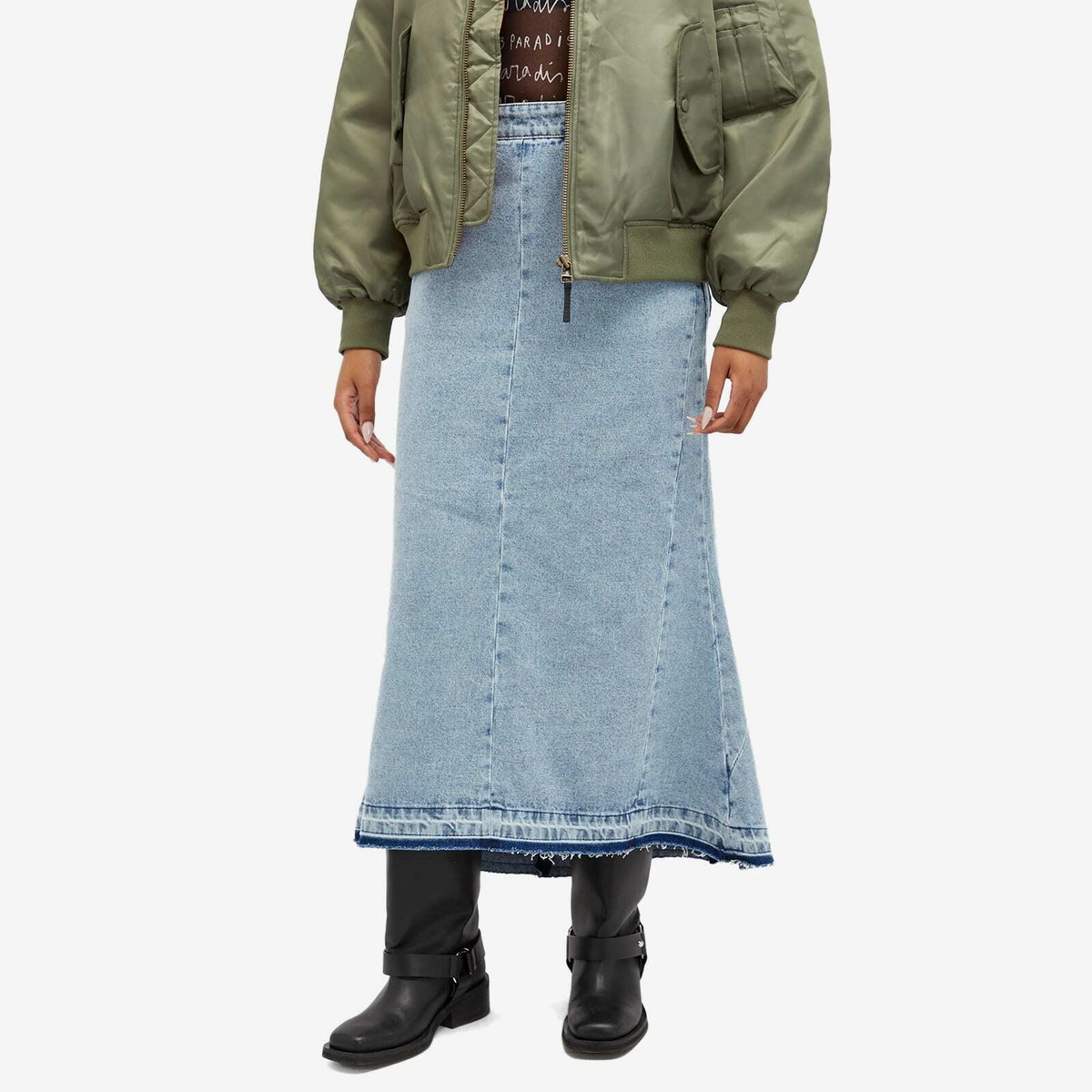 3.Paradis Women's Long Denim Skirt in Washed Blue