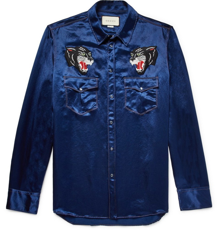 Photo: Gucci - Appliquéd Satin Western Shirt - Men - Navy