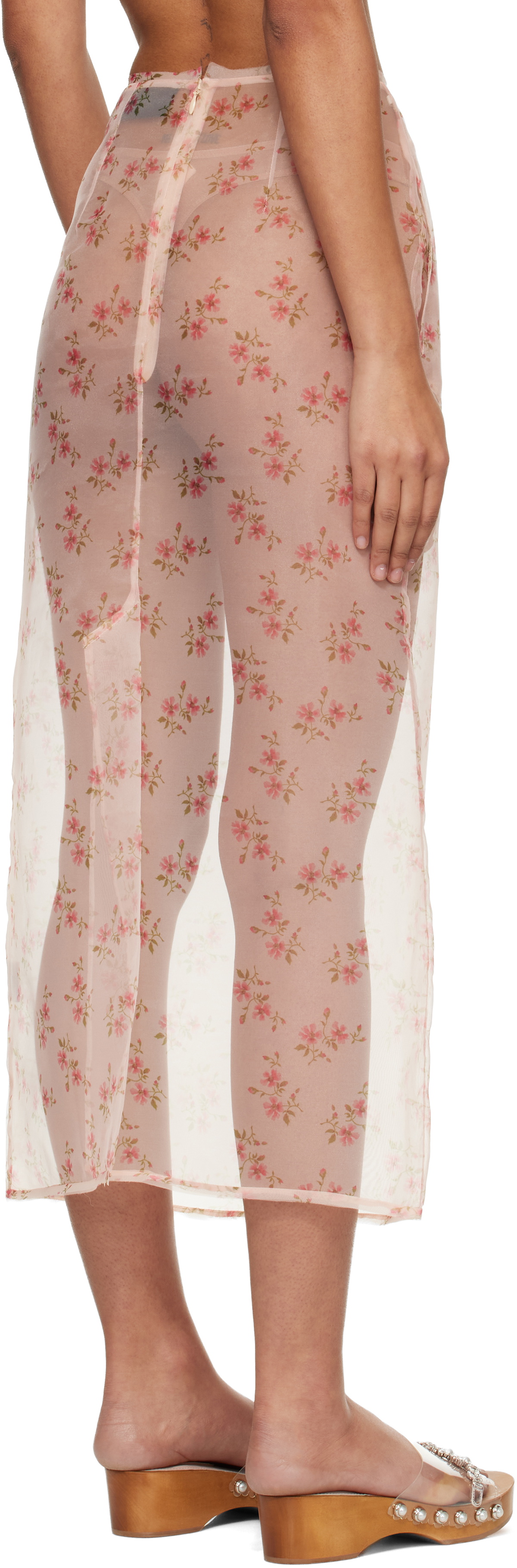 Simone Rocha Pink Sheer Frayed Column Pencil Midi Skirt