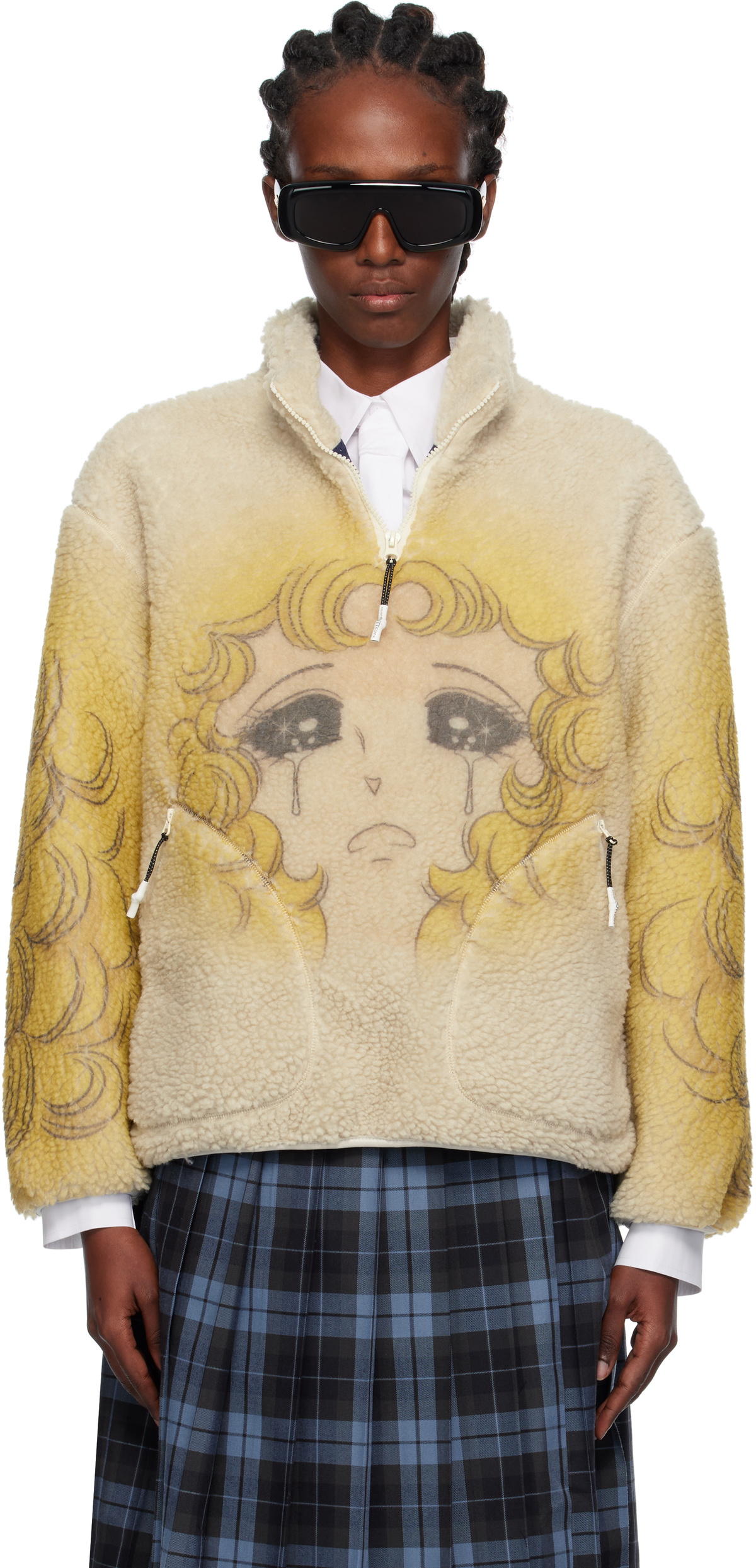 Pushbutton Yellow & Beige Crying Girl Half Zip Up Fleece Sweater