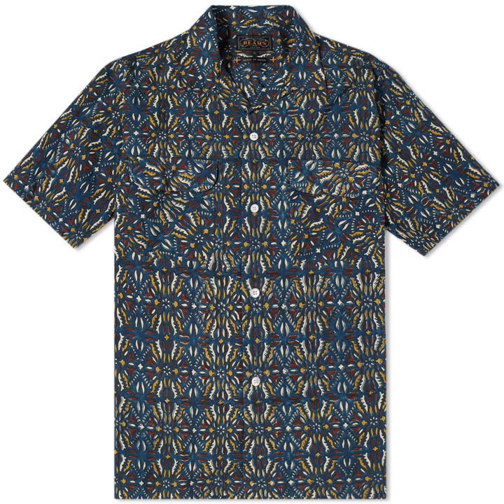 Photo: Beams Plus Short Sleeve Open Collar Indian Block Print Shirt Blue