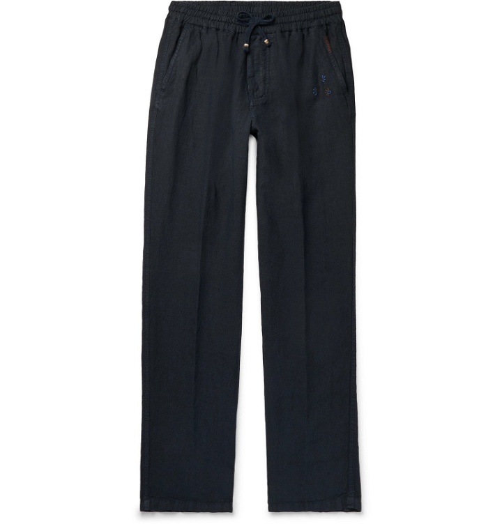 Photo: Altea - Navy Tapered Embroidered Linen Trousers - Blue