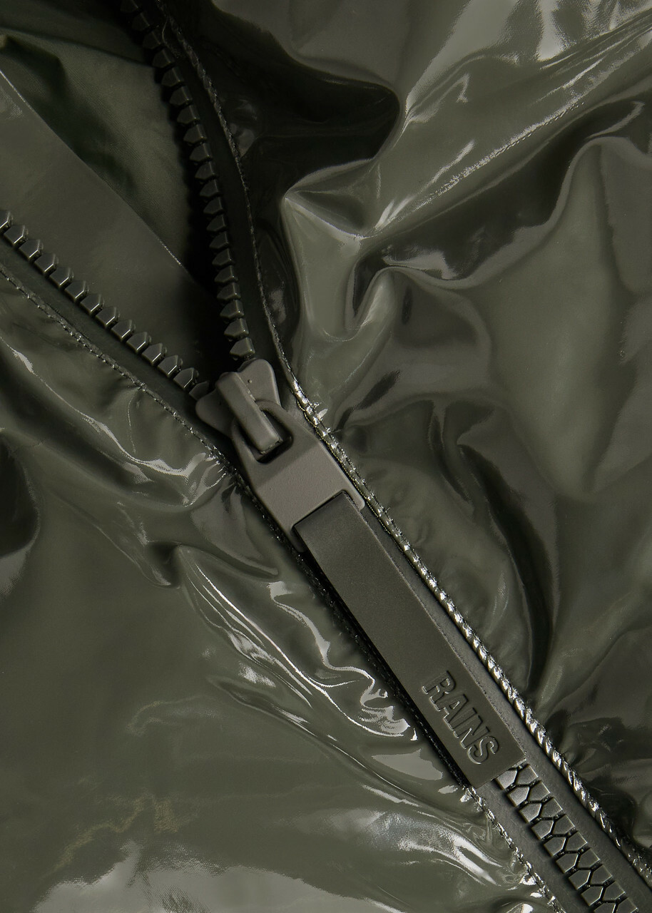 Rains Alta Long Quilted Coated Rubberised Jacket Dark Green