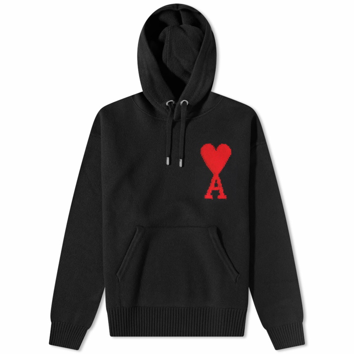 Photo: AMI Men's Large A Heart Knitted Popover Hoody in Black/Red