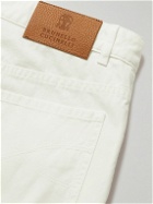 Brunello Cucinelli - Straight-Leg Logo-Embroidered Cotton-Gabardine Trousers - White