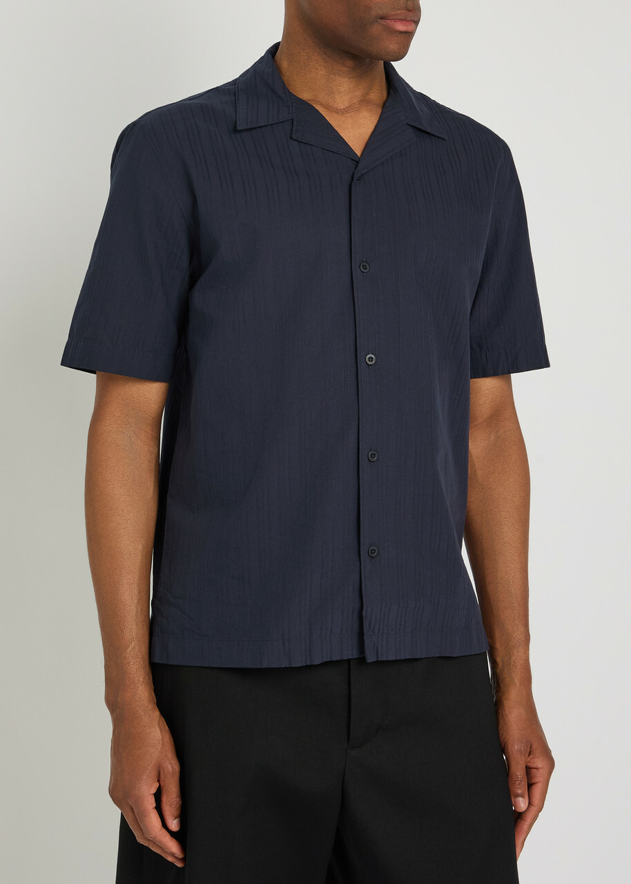 Sunspel Striped Embroidered Cotton Shirt Navy