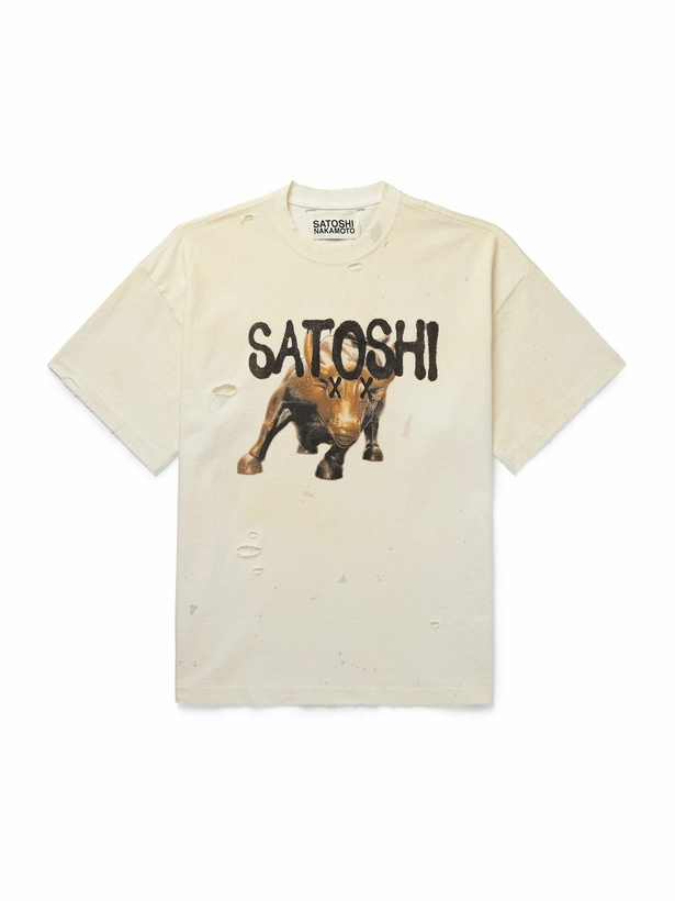 Photo: Satoshi Nakamoto - Wall Street Distressed Logo-Print Cotton-Jersey T-Shirt - White