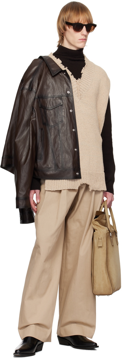 System Brown Spread Collar Faux-Leather Jacket