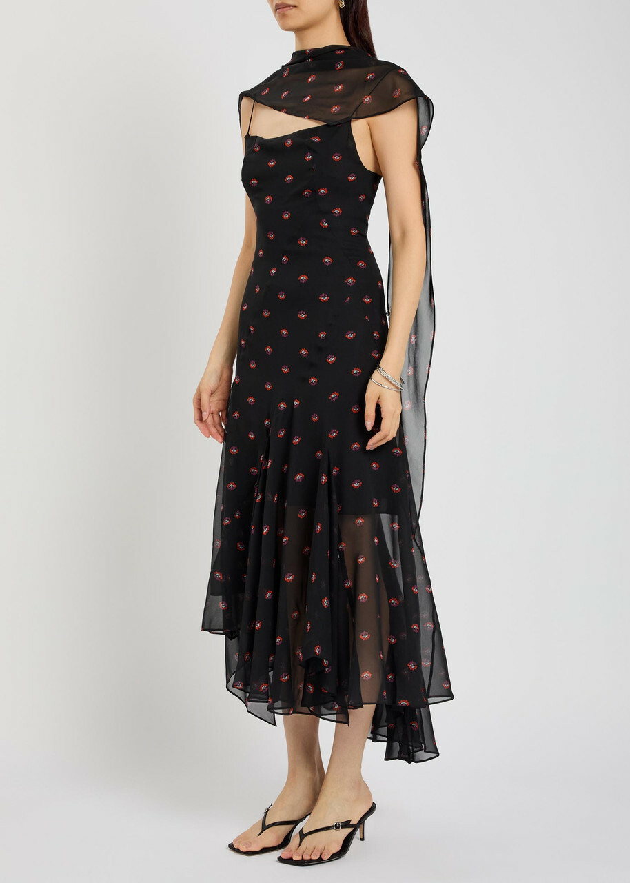 Liberowe Aubrey Floral-print Asymmetric Silk Midi Dress Black