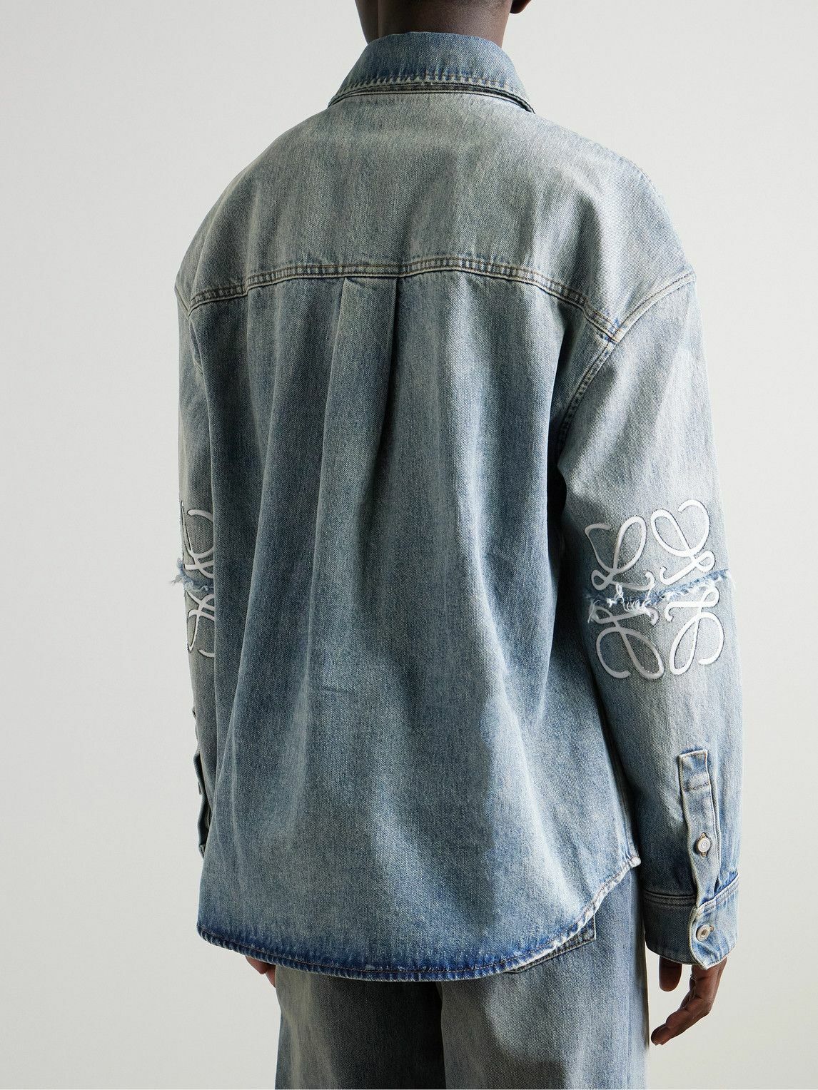 LOEWE - Logo-Embroidered Distressed Denim Overshirt - Blue