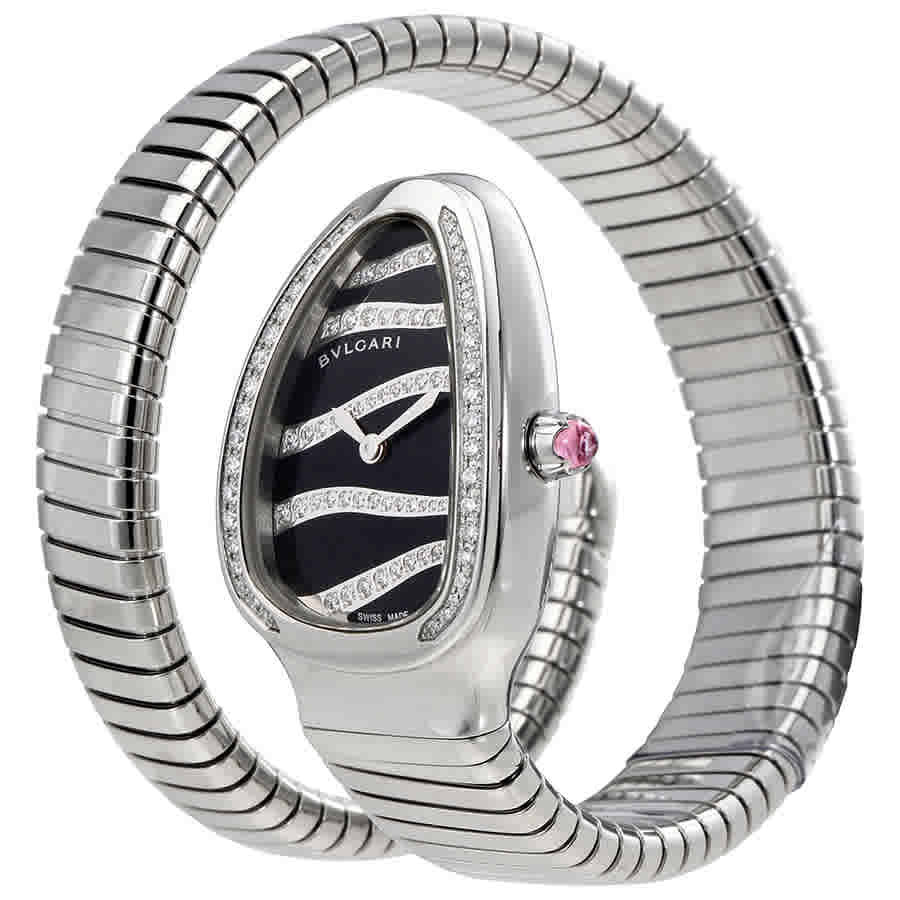 Bvlgari Serpenti Tubogas Black Dial Steel Diamond Ladies Watch 102440